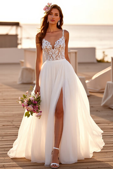 White Lace A Line Wedding Dress with Slit